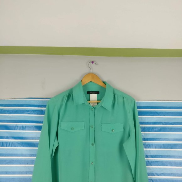Weekend Max Mara 100% SILK Double Breasted Pocket Long Sleeve Shirt Cool Green L - Picture 2 of 9